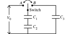 <strong>In the circuit shown in the figure, the capacitors are initially uncharged. The switch is first thrown to position A and kept there for a long time. It is then thrown to position B. Let the charges on the capacitors be Q<sub>1</sub>, Q<sub>2</sub>, and Q<sub>3</sub> and the potential differences across them be V<sub>1</sub>, V<sub>2</sub>, and V<sub>3</sub>. Which of the following conditions must be true with the switch in position B? </strong> A) V<sub>1</sub> = V<sub>2</sub> = V<sub>3</sub> B) V<sub>1</sub> + V<sub>2</sub> = V<sub>3</sub> C) V<sub>3</sub> = V<sub>0</sub> D) Q<sub>1</sub> = Q<sub>2</sub> = Q<sub>3</sub> E) Q<sub>1</sub> + Q<sub>2</sub> = Q<sub>3</sub>