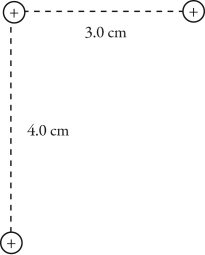 <strong>Consider the group of three+2.4 nC point charges shown in the figure. What is the electric potential energy of this system of charges relative to infinity? (k = 1/4πε<sub>0</sub> = 8.99 × 10<sup>9</sup> N ∙ m<sup>2</sup>/C<sup>2</sup>) </strong> A) 4.1 × 10<sup>-6</sup> J B) 4.6 × 10<sup>-6</sup> J C) 4.2 × 10<sup>-6</sup> J D) 4.4 × 10<sup>-6</sup> J