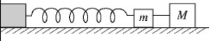 <strong>In the figure, two masses, M = 16 kg and m = 12.8.0 kg, are connected to a very light rigid bar and are attached to an ideal massless spring of spring constant 100 N/m. The system is set into oscillation with an amplitude of 78 cm. At the instant when the acceleration is at its maximum, the 16-kg mass separates from the 12.8.0-kg mass, which then remains attached to the spring and continues to oscillate. What will be the amplitude of oscillation of the 12.8.0-kg mass? </strong> A) 78 cm B) 62 cm C) 35 cm D) 98 cm E) 180 cm