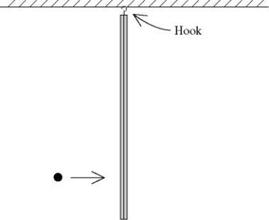 <strong>A metal bar is hanging from a hook in the ceiling when it is suddenly struck by a ball that is moving horizontally (see figure). The ball is covered with glue, so it sticks to the bar. During this collision </strong> A) the angular momentum of the system (ball and bar) is conserved about the hook because only gravity is acting on the system. B) the angular momentum of the system (ball and bar) is not conserved because the hook exerts a force on the bar. C) the angular momentum of the system (ball and bar) is conserved about the hook because neither the hook nor gravity exerts any torque on this system about the hook. D) both the angular momentum of the system (ball and bar) and its kinetic energy are conserved. E) both the linear momentum and the angular momentum of the system (ball and bar) are conserved.