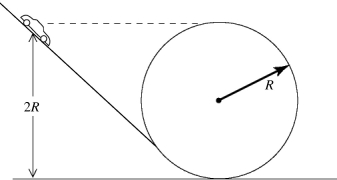 <strong>In the figure, a very small toy race car of mass m is released from rest on the loop-the-loop track. If it is released at a height 2R above the floor, how high is it above the floor when it leaves the track, neglecting friction? </strong> A) 1.67 R B) 2.00 R C) 1.50 R D) 1.33 R E) 1.25 R