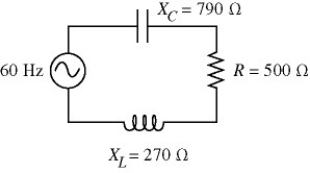 The 60-Hz ac source of the series circuit shown in the figure has a voltage amplitude of 120 V.The capacitive reactance is 790 Ω,the inductive reactance is 270 Ω,and the resistance is 500Ω. (a)What is the capacitance of the capacitor? (b)What is the inductance of the inductor?
