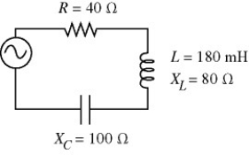 <strong>An ac circuit is shown in the figure.The rms current in the circuit is measured to be 1.8 A.What is the capacitance of the capacitor? </strong> A)23 μF B)24 μF C)21 μF D)19 μF E)18 μF