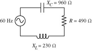 <strong>The 60-Hz ac source of a series circuit has a voltage amplitude of 120 V.The resistance,capacitive reactance,and inductive reactance are as shown in the figure.What is the rms current in the circuit? </strong> A)0.097 A B)0.11 A C)0.12 A D)0.14 A E)0.17 A