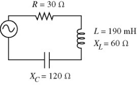 <strong>An ac circuit is shown in the figure.The rms current in the circuit is 1.3 A.What is the peak magnetic energy in the inductance? </strong> A)0.32 J B)0.16 J C)0.48 J D)0.64 J E)0.80 J