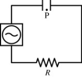 A capacitor is hooked up to a resistor and an AC voltage source as shown in the figure.The output of the source is given by V(t)= V<sub>0</sub> sin ωt.The plates of the capacitor are disks of radius R.Point P is directly between the two plates,equidistant from them and a distance R/2 from the center axis.At point P
