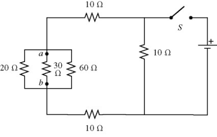 In the circuit shown in the figure,an ideal ohmmeter is connected across ab with the switch S open.All the connecting leads have negligible resistance.The reading of the ohmmeter will be closest to