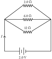 Three resistors are connected across an ideal 2.0-V DC battery as shown in the figure. (a)At what rate does the battery supply energy to the resistors? (b)At what rate is heat produced in the 6.0-Ω resistor?