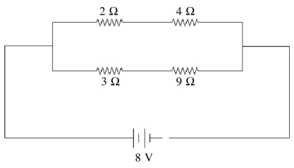 <strong>Four resistors are connected across an 8-V DC battery as shown in the figure.The current through the 9-Ω resistor is closest to </strong> A)1 A. B)0.7 A. C)0.5 A. D)0.9 A. E)2 A.