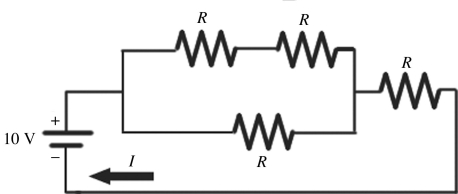 <strong>When four identical resistors are connected to an ideal battery of voltage V = 10 V as shown in the figure,the current I is equal to 0.20 A.What is the value of the resistance R of the resistors? </strong> A)20 Ω B)40 Ω C)30 Ω D)50 Ω E)10 Ω