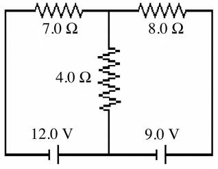 For the circuit shown in the figure,determine the current in (a)the 7.0-Ω resistor. (b)the 8.0-Ω resistor. (c)the 4.0-Ω resistor.