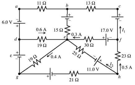 A multiloop circuit is shown in the figure.Some circuit quantities are not labeled.It is not necessary to solve the entire circuit.The current I<sub>1</sub> is closest to