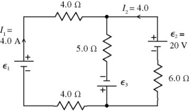 Consider the circuit shown in the figure.Note that two currents are shown.Calculate the emfs ε<sub>1</sub> and ε<sub>3</sub>.