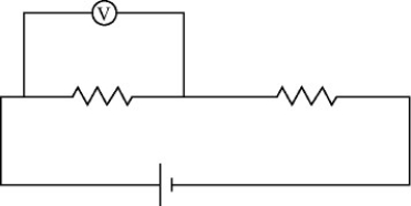 In the circuit shown in the figure,two 360.0-Ω resistors are connected in series with an ideal source of emf.A voltmeter with internal resistance of 6350 Ω is connected across one of the resistors and reads 3.23 V.Find the emf of the source.