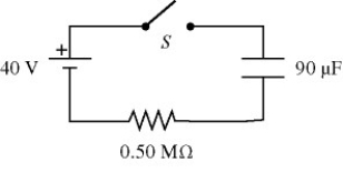 For the circuit shown in the figure,the switch S is initially open and the capacitor is uncharged.The switch is then closed at time t = 0.How many seconds after closing the switch will the energy stored in the capacitor be equal to 50.2 mJ?
