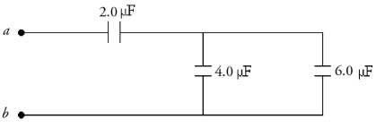 <strong>Three capacitors are connected as shown in the figure.What is the equivalent capacitance between points a and b? </strong> A)1.7 µF B)4.0 µF C)7.1 µF D)12 µF E)8.0 µF