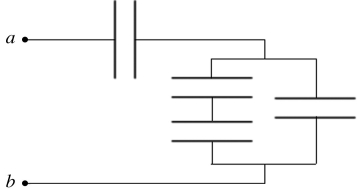 <strong>The capacitors in the network shown in the figure all have a capacitance of 5.0 µF.What is the equivalent capacitance,C<sub>ab</sub>,of this capacitor network? </strong> A)20 µF B)3.0 µF C)10 µF D)5.0 µF E)1.0 µF