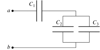 <strong>Three capacitors,with capacitances = 4.0 μF, = 3.0 μF,and = 2.0 μF,are connected to a 12 -V voltage source,as shown in the figure.What is the charge on capacitor ? </strong> A)16 μC B)32 μC C)2.0 μC D)8.0 μC E)4.0 μC