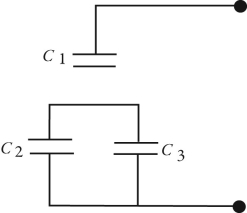 <strong>Three capacitors are arranged as shown in the figure.C<sub>1</sub> has a capacitance of 5.0 pF,C<sub>2</sub> has a capacitance of 10.0 pF,and C<sub>3 </sub>has a capacitance of 15.0 pF.Find the voltage drop across the entire arrangement if the voltage drop across C<sub>2 </sub>is 311 V. </strong> A)1900 V B)1200 V C)570 V D)520 V