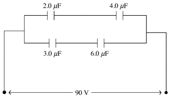 Four capacitors are connected across a 90-V voltage source as shown in the figure. (a)What is the charge on the 4.0-μF capacitor? (b)What is the charge on a 2.0-μF capacitor? (c)What is the charge on the 3.0-μF capacitor? (d)What is the potential difference across the 6.0-μF capacitor?