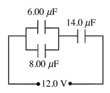 Two capacitors of capacitance 6.00 μF and 8.00 μF are connected in parallel.The combination is then connected in series with a 12.0-V voltage source and a 14.0-μF capacitor,as shown in the figure. (a)What is the equivalent capacitance of this combination? (b)What is the charge on the 6.00-μF capacitor? (c)What is the potential difference across the 6.00-μF capacitor?