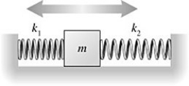 <strong>A 2.0 kg block on a frictionless table is connected to two ideal massless springs with spring constants k<sub>1</sub> and k<sub>2</sub> whose opposite ends are fixed to walls,as shown in the figure.What is angular frequency of the oscillation if and </strong> A)2.5 rad/s B)3.5 rad/s C)0.40 rad/s D)0.56 rad/s