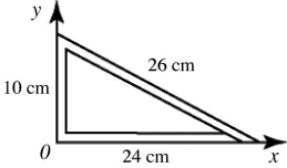 <strong>In the figure,a 60-cm length of uniform wire,of 60 g mass and negligible thickness,is bent into a right triangle.The x and y coordinates of the center of mass,in cm,are closest to </strong> A)(8,3). B)(8,5). C)(9,4). D)(10,3). E)(10,5).