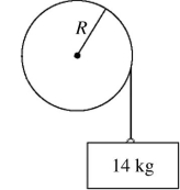 In the figure,a very light rope is wrapped around a wheel of radius R = 2.0 meters and does not slip.The wheel is mounted with frictionless bearings on an axle through its center.A block of mass 14 kg is suspended from the end of the rope.When the system is released from rest it is observed that the block descends 10 meters in 2.0 seconds.What is the moment of inertia of the wheel?
