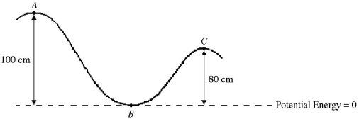 A 2.0 g bead slides along a frictionless wire,as shown in the figure.At point A,the bead is moving to the right but with negligible speed. (a)What is the potential energy of the bead at point A? (b)What is the kinetic energy of the bead at point B? (c)What is the speed of the bead at point B? (d)What is the speed of the bead at point C?