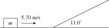 In the figure,a block of mass m is moving along the horizontal frictionless surface with a speed of 5.70 m/s.If the slope is 11.0° and the coefficient of kinetic friction between the block and the incline is 0.260,how far does the block travel up the incline?