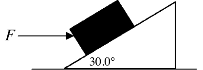 <strong>A 4.00-kg block rests on a 30.0° incline as shown in the figure.If the coefficient of static friction between the block and the incline is 0.700,what magnitude horizontal force F must act on the block to start it moving up the incline? </strong> A)34.0 N B)51.1 N C)54.7 N D)84.0 N E)76.4 N
