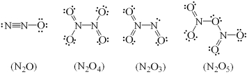 <strong>All of the following Lewis structures of nitrogen oxides are possible EXCEPT  </strong> A) N<sub>2</sub>O. B) N<sub>2</sub>O<sub>4</sub>. C) N<sub>2</sub>O<sub>3</sub>. D) N<sub>2</sub>O<sub>5</sub>. E) All of the above are correct structures. <div style=padding-top: 35px> 
