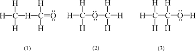 <strong>Which of the following are possible Lewis structures for C<sub>2</sub>H<sub>6</sub>O?  </strong> A) 1 B) 2 C) 3 D) 2 and 3 E) 1,2,and 3 <div style=padding-top: 35px> 