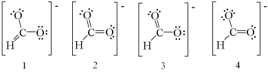 <strong>Which of the following are resonance structures for formate ion,HCO<sub>2</sub><sup>-</sup>?  </strong> A) 1 and 2 B) 2 and 3 C) 3 and 4 D) 1,3,and 4 E) 2,3,and 4 <div style=padding-top: 35px> 