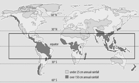 Refer to the figure below, and then answer the question that follows. -Looking at the boxed portions of these two diagrams,it seems clear that all the areas where Earth gets very high rainfall (dark areas of top diagram)do not match precisely with places where we have tropical rainforests (black and white dotted portions of boxed area of bottom diagram).Propose a reason for this.