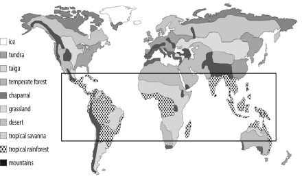 Refer to the figure below, and then answer the question that follows. -Looking at the boxed portions of these two diagrams,it seems clear that all the areas where Earth gets very high rainfall (dark areas of top diagram)do not match precisely with places where we have tropical rainforests (black and white dotted portions of boxed area of bottom diagram).Propose a reason for this.