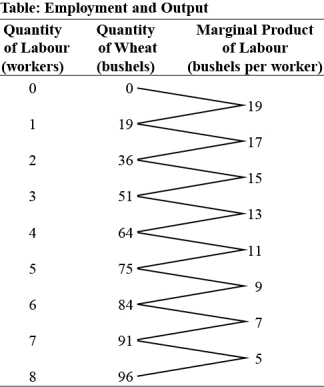 Use the following to answer questions :   -(Table: Employment and Output)Use Table: Employment and Output.In the table,if the price of a kilogram of wheat is $10,then the value of the marginal product of the fifth worker is: