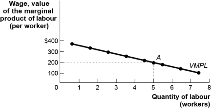 Use the following to answer questions : Figure: The Value of the Marginal Product Curve -(Figure: The Value of the Marginal Product Curve)Use Figure: The Value of the Marginal Product Curve.In the figure,if a technological advance makes labour more productive and everything else stays the same,then the profit-maximizing quantity of labour: