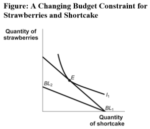Use the following to answer question 109: -(Figure: A Changing Budget Constraint for Strawberries and Shortcake)Use Figure A Changing Budget Constraint for Strawberries and Shortcake.Seb's original budget line is given by BL<sub>1</sub> and his original indifference curve is given by I<sub>1</sub>.Which of the following would have caused his budget line to move to BL<sub>2</sub>?