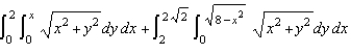 Combine the sum of the two iterated integrals into a single integral by converting to polar coordinates. Evaluate the resulting iterated integral.
