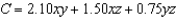 <strong>A rectangular box with an open top has a length of x feet, a width of y feet, and a height of z feet. It costs $2.10 per square foot to build the base and $0.75 per square foot to build the sides. Write the cost C of constructing the box as a function of x, y, and z.</strong> A) B) C) D) E)