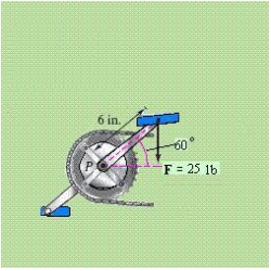 A child applies the brakes on a bicycle by applying a downward force of 25 pounds on the pedal when the crank makes a angle with the horizontal (see figure). The crank is 6 inches in length. Find the torque at P. Round your answer to two decimal places.