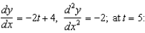 <strong>Find and if possible, and find the slope and concavity (if possible) at the point corresponding to t = 5. </strong> A) : slope and concave up B) slope -6 and concave down C) slope 14 and concave up D) : slope 6 and concave down E) : slope and concave up