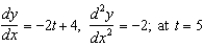 <strong>Find and if possible, and find the slope and concavity (if possible) at the point corresponding to t = 5. </strong> A) : slope and concave up B) slope -6 and concave down C) slope 14 and concave up D) : slope 6 and concave down E) : slope and concave up