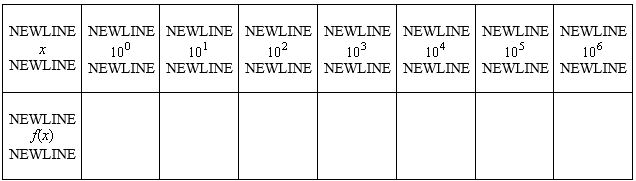 For the function , use a graphing utility to complete the table and estimate the limit as x approaches infinity.