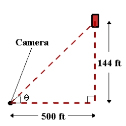 In a free-fall experiment, an object is dropped from a height of 144 feet. A camera on the ground 500 feet from the point of impact records the fall of the object as shown in the figure. Assuming the object is released at time t = 0. Find the rate of change of the angle of elevation of the camera when   . Round your answer to four decimal places.  