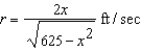 A 25-foot ladder is leaning against a house (see figure). If the base of the ladder is pulled away from the house at a rate of 2 feet per second, the top will move down the wall at a rate of   where x is the distance between the base of the ladder and the house. Find the limit of r as   .  