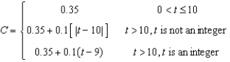 <strong>A long distance phone service charges $ for the first minutes and $ for each additional minute or fraction thereof. Use the greatest integer function to write the cost C of a call in terms of time t (in minutes).</strong> A) B) C) D) E)