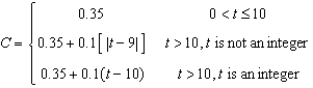 <strong>A long distance phone service charges $ for the first minutes and $ for each additional minute or fraction thereof. Use the greatest integer function to write the cost C of a call in terms of time t (in minutes).</strong> A) B) C) D) E)