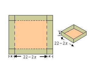 An open box of maximum volume is to be made from a square piece of material centimeters on a side by cutting equal squares from the corners and turning up the sides (see figure). Write the volume V as a function of x, the length of the corner squares.